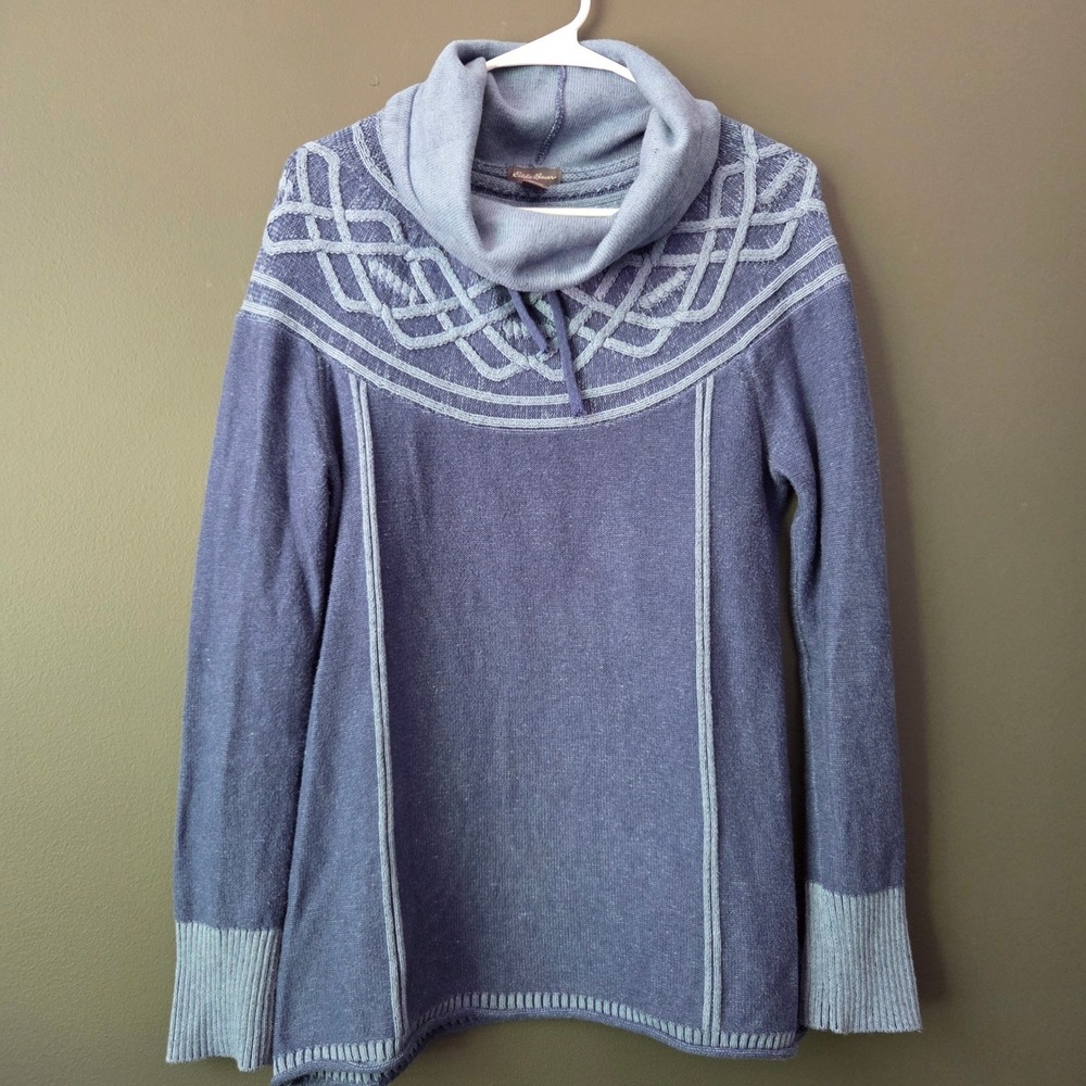 Eddie Bauer Womens Blue Cowl‎ Neck Lattice Knit Pullover Sweater Size M Nordic